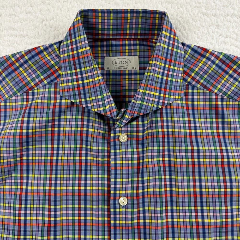 Eton Dress Shirt Mens 16.5/42 Multicolor Plaid Contemporary Fit Collar Button Up - Picture 3 of 8